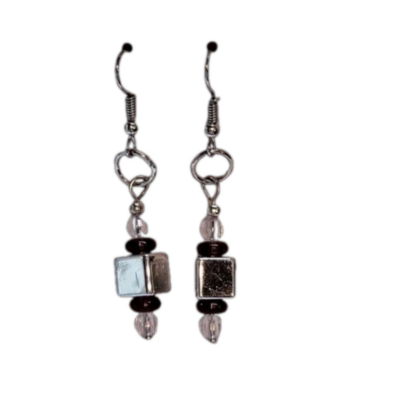 Jewelry - Handmade Bead and Silver Block Dangle French Wire Pierced Earrings
